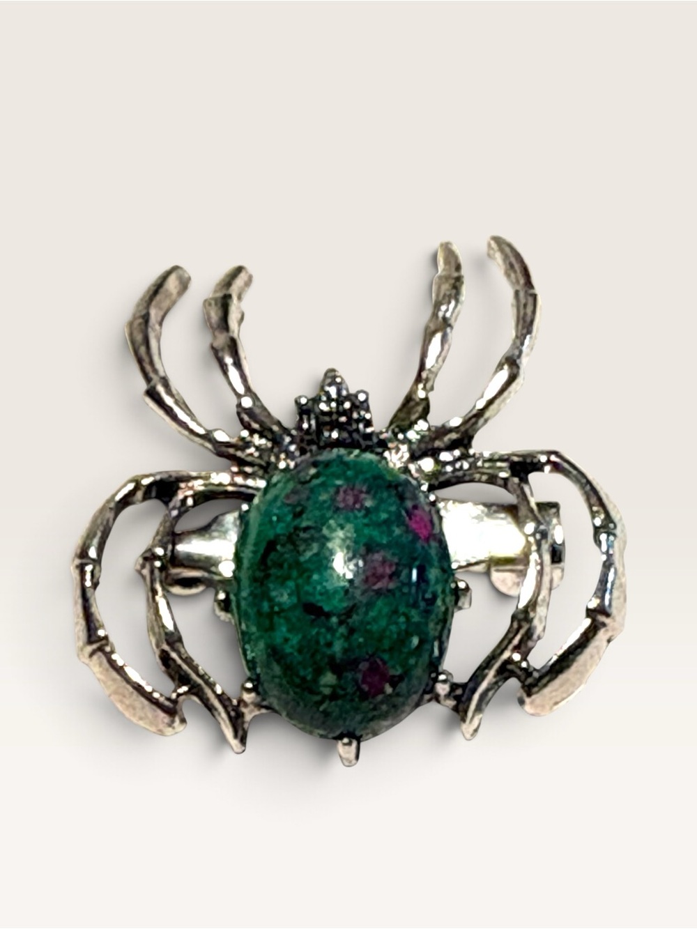 Silver Spider Brooch with Green and Pink Cabochon New Halloween